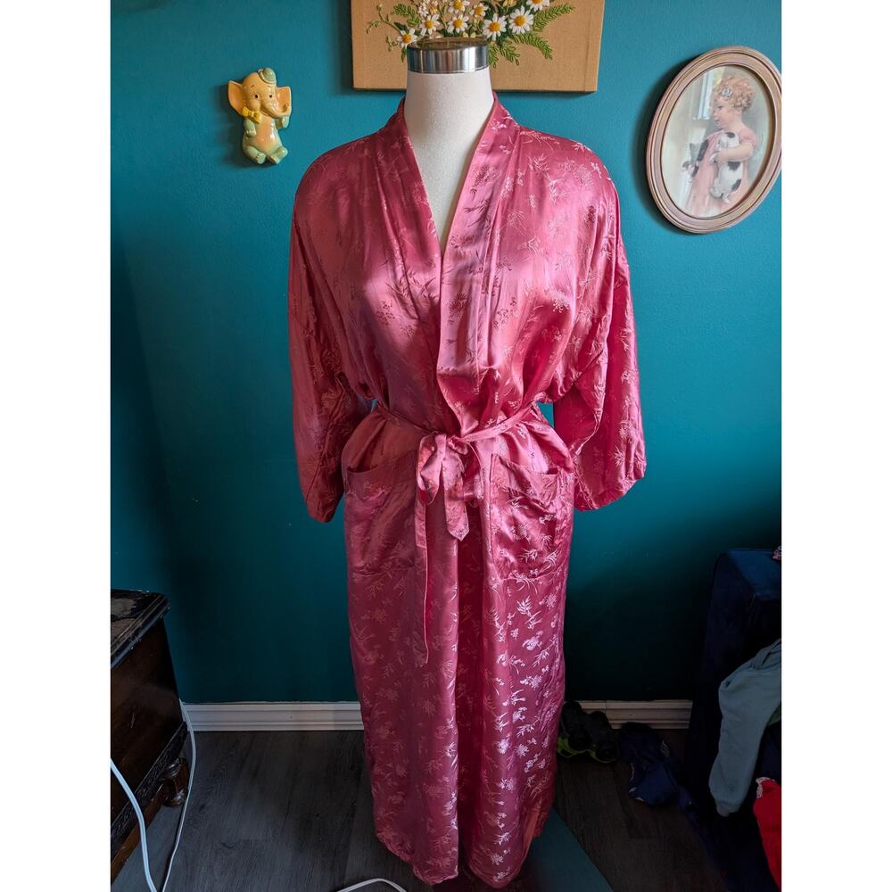 Vintage Pink Satin Floral Kimono Robe